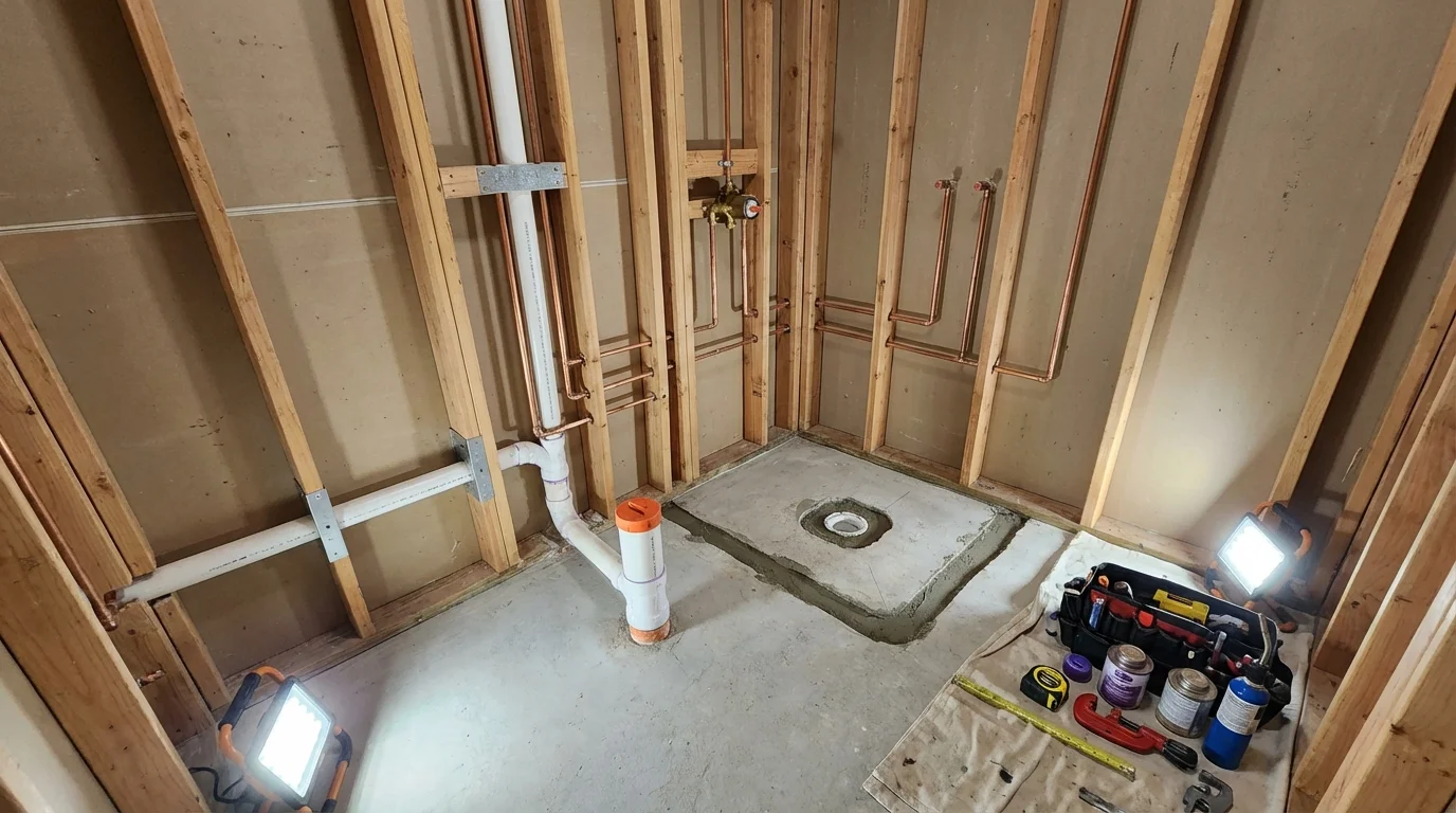 Bathroom rough-in plumbing during remodel by Johns Plumbing LLC in Woodbridge
