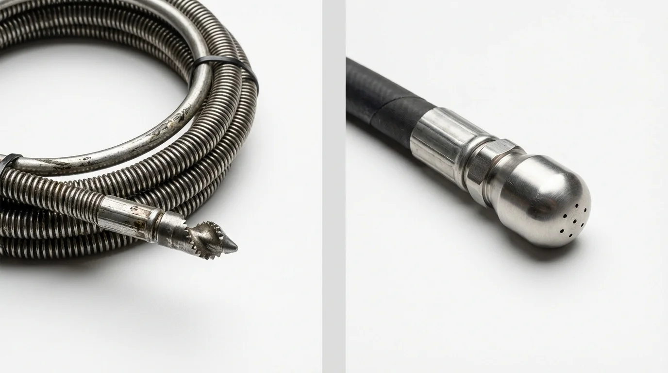 Drain snake cable and hydro jetting nozzle used for drain cleaning in Woodbridge, CA