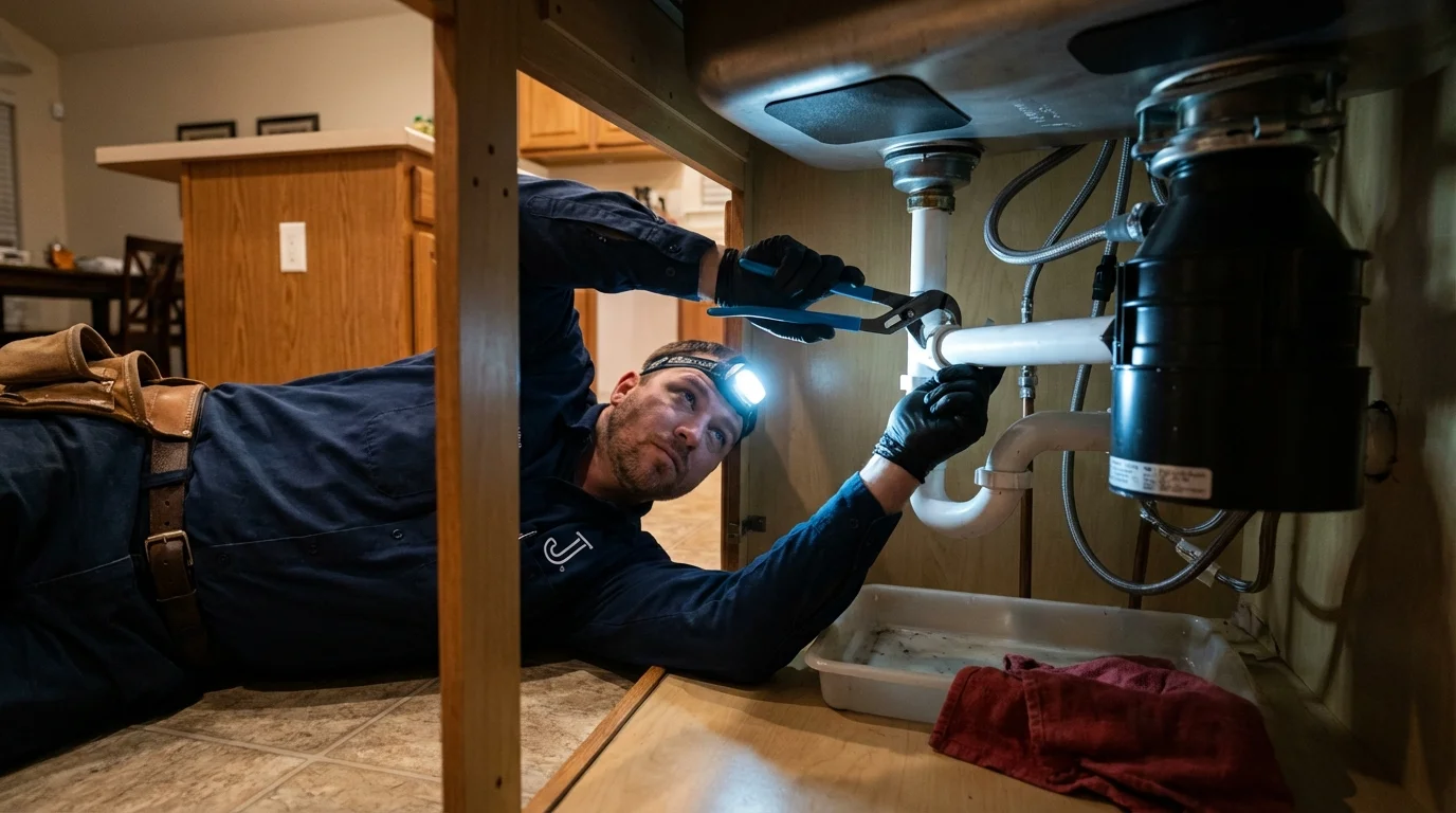 P-trap and supply line connections under a kitchen sink showing a common leak point in Woodbridge, CA